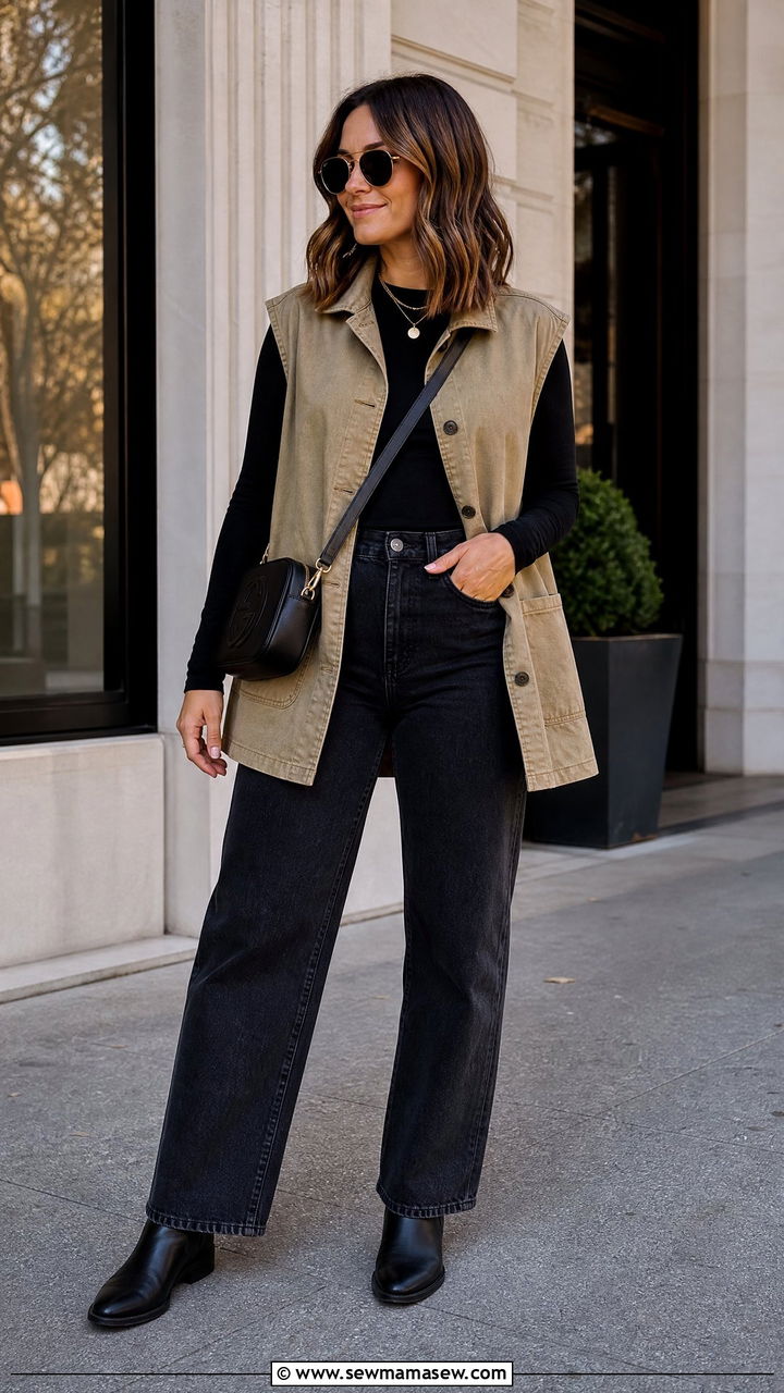 Layered vest and long sleeve tee with high rise jeans outfit for tummy - 25 casual outfits for women with tummy