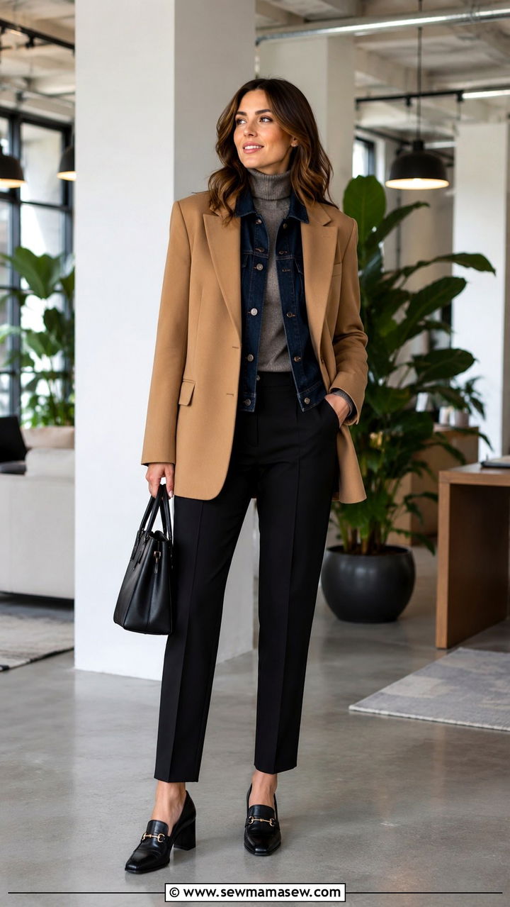 Layering a denim jacket under a blazer for the office - 30 How to style a denim jacket for work