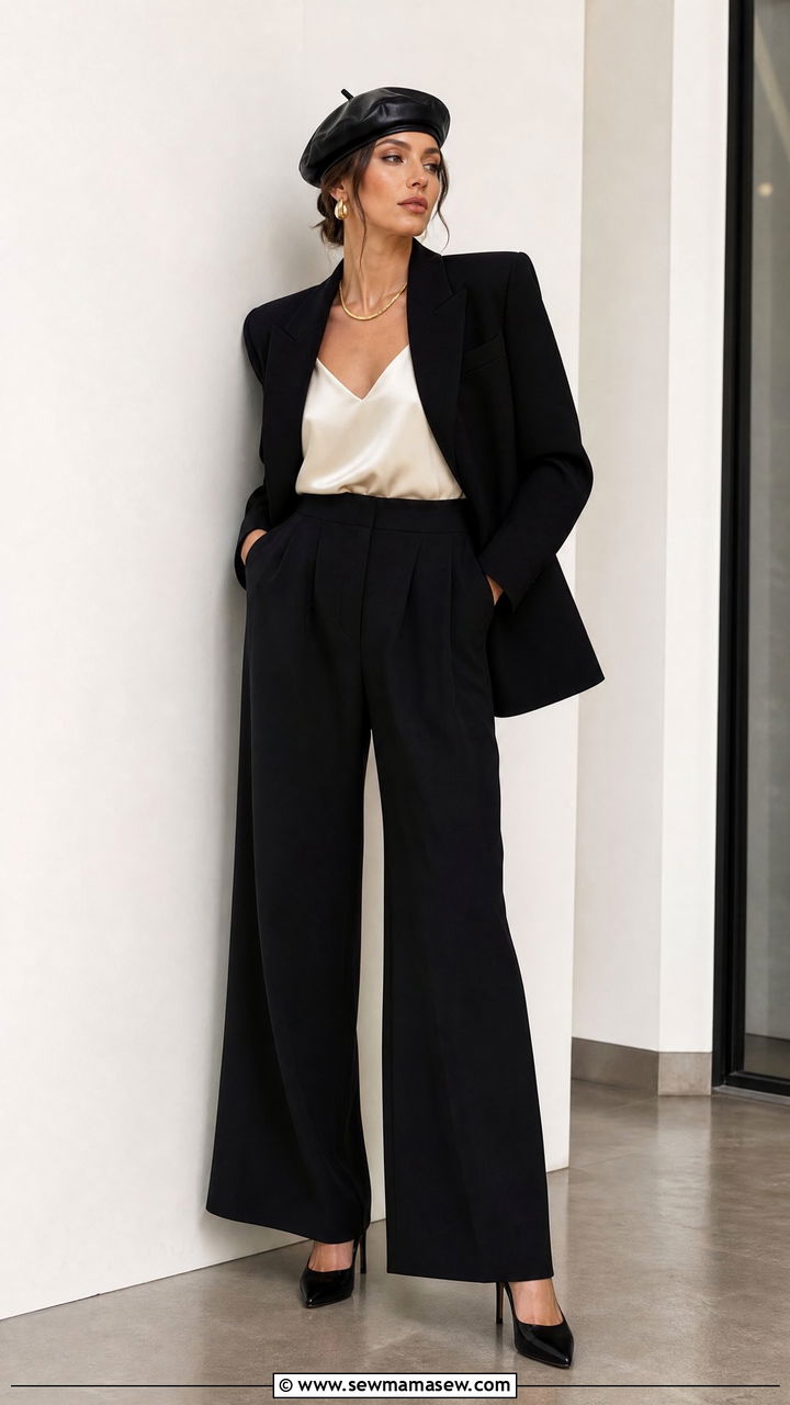 Leather Beret with Black Blazer and Wide Leg Pants - 25 French girl outfit ideas with beret