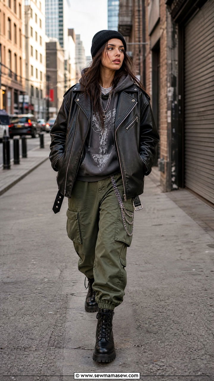 Leather Biker Jacket with Graphic Hoodie and Cargo Pants - 30 streetwear outfits to copy
