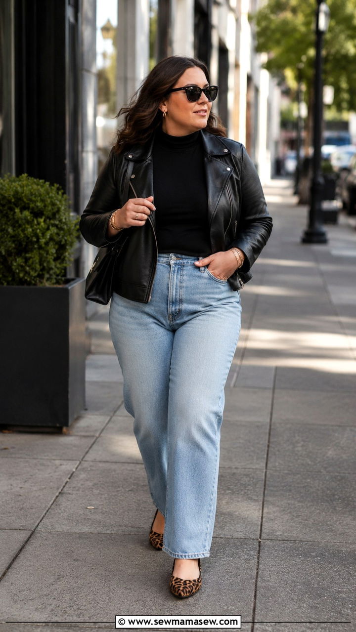 Leather Biker Jacket with Mock Neck Top and Straight Leg Jeans - 30 transitional midsize outfit ideas