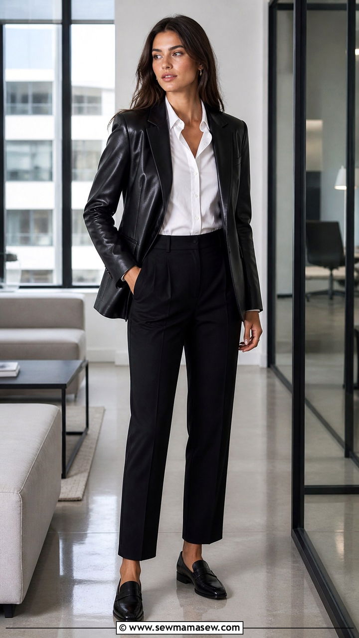 Leather Blazer Outfit With Trousers And Loafers - 40 leather jacket outfit ideas for women