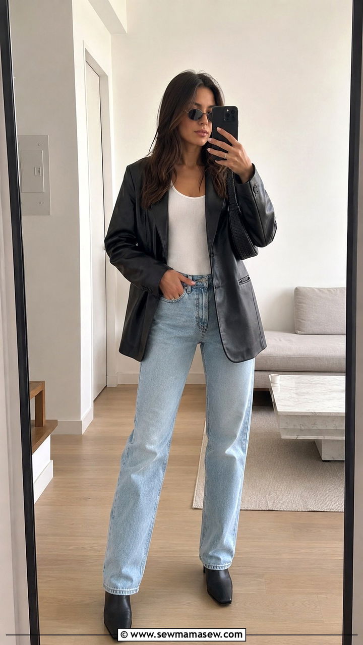 Leather Blazer White Ribbed Tank Light Wash Jeans - 30 classy 90s outfit ideas