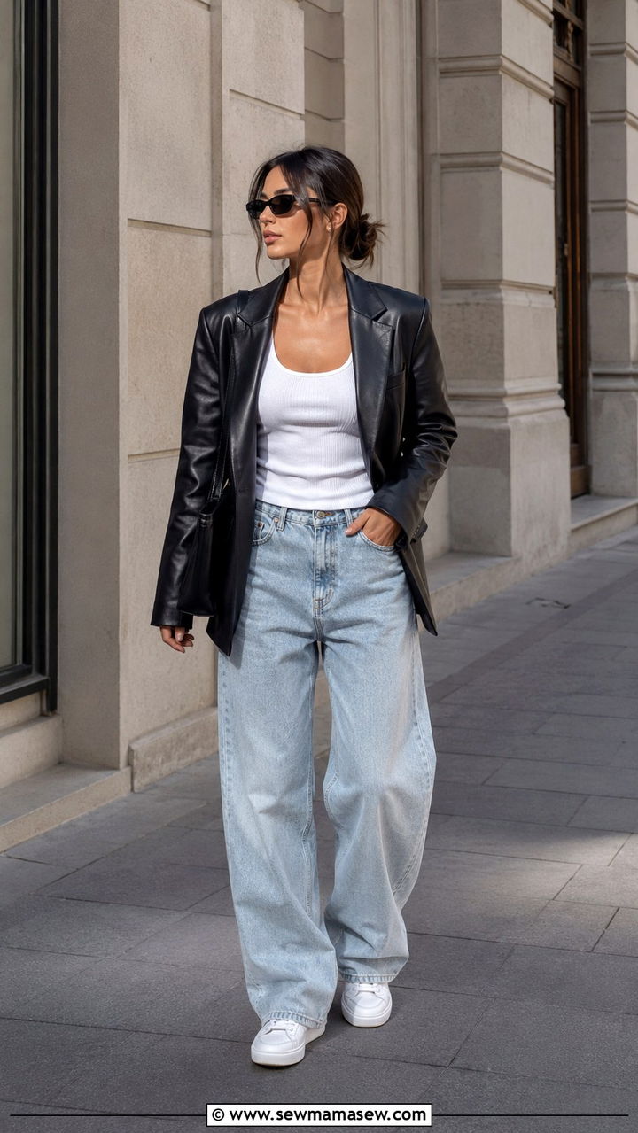 Leather Blazer With A White Tank And Baggy Denim - 20 Frat party outfit ideas alternative