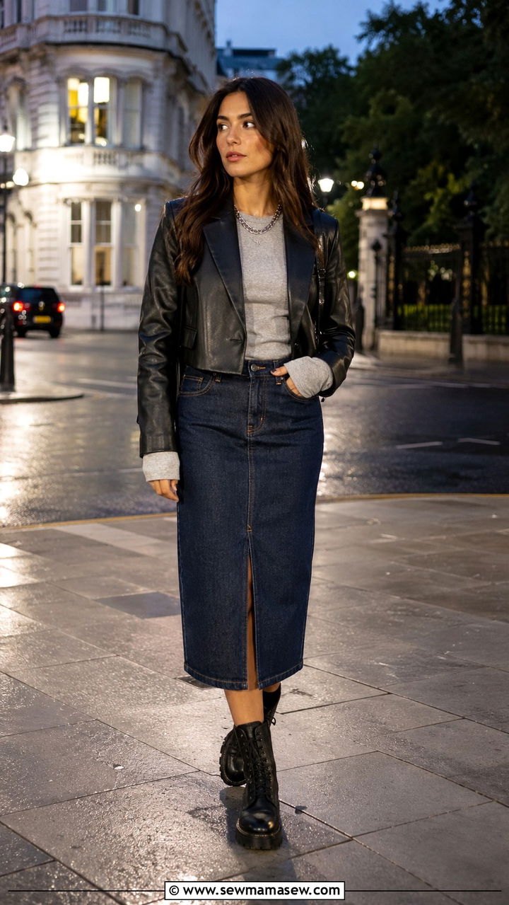 Leather Blazer With Denim Skirt - 30 Denim skirt outfit ideas with a blazer