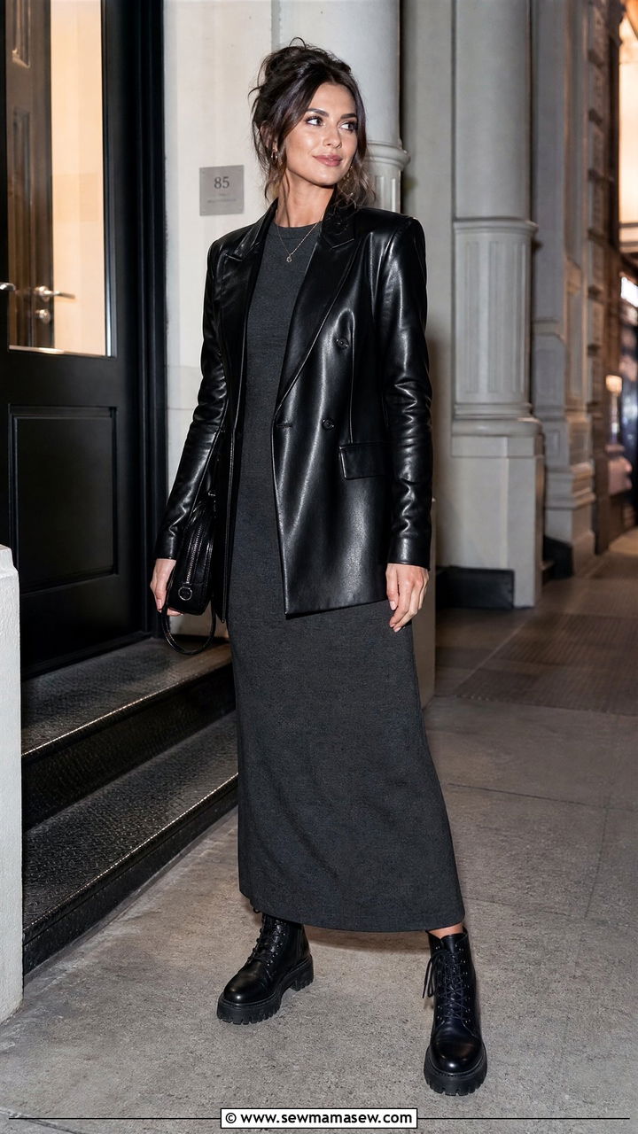 Leather Blazer With Jersey Maxi Dress And Combat Boots - 30 Maxi dress outfit ideas with a blazer