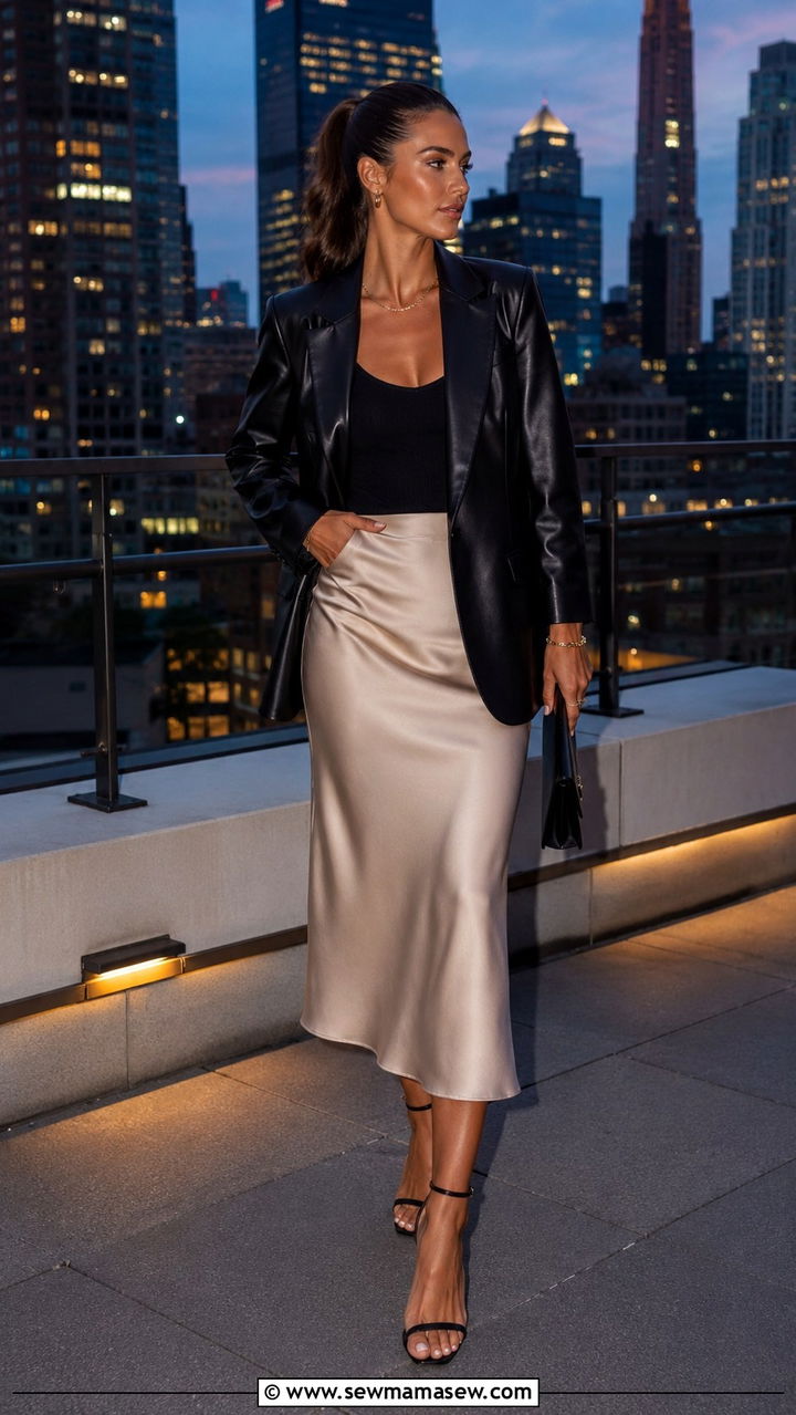Leather Blazer With Midi Slip Skirt And Strappy Heels - 30 classy fashion inspo outfits