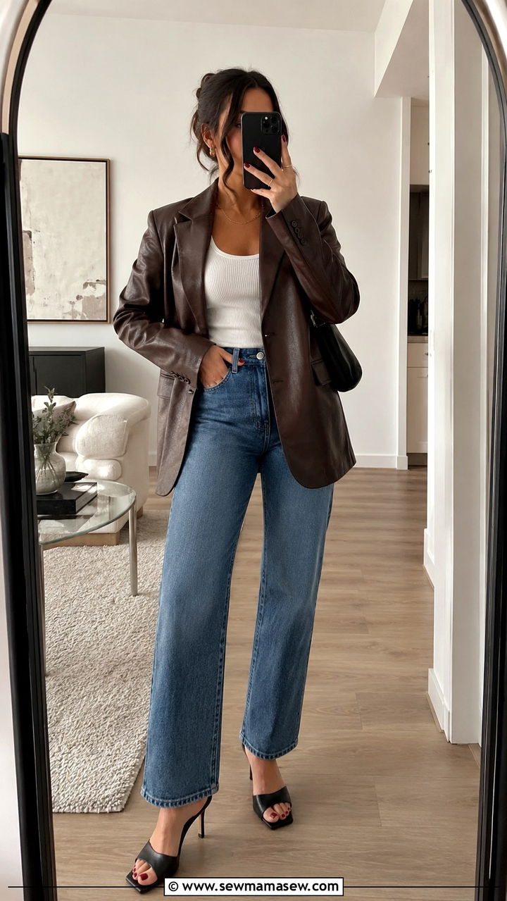 Leather Blazer With Straight Leg Jeans And Heeled Mules - 30 transitional outfits inspo