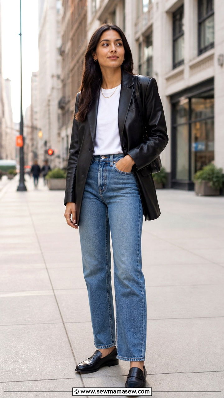 Leather Blazer With T Shirt And Straight Leg Jeans - 40 casual leather jacket outfits