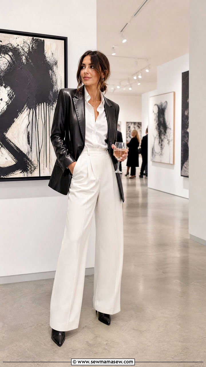 Leather Blazer With White Buttondown and Wide Leg Trousers - 25 Chicago outfit ideas