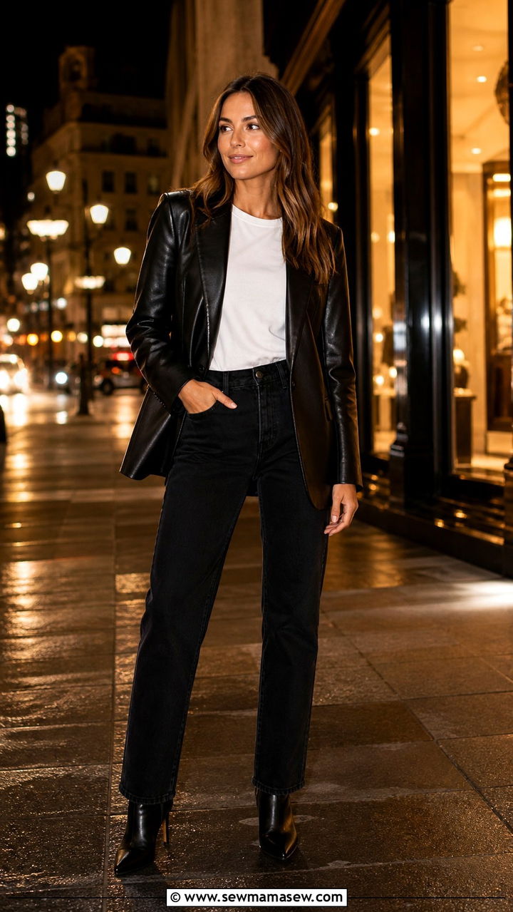 Leather Blazer With White Tee And Black Straight Leg Jeans - 40 casual blazer outfits