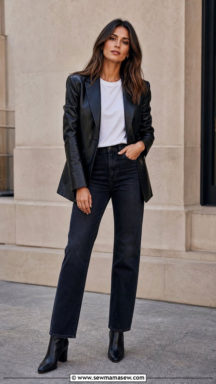 Leather Blazer With a T Shirt and Dark Wash Jeans - 25 Cool aunt outfit ideas