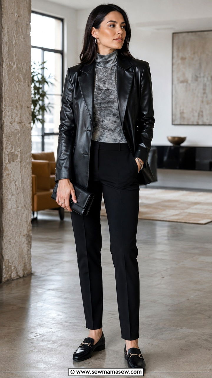 Leather Blazer and Tailored Trousers With Gucci Loafers - 25 Old money outfit ideas with Gucci loafers