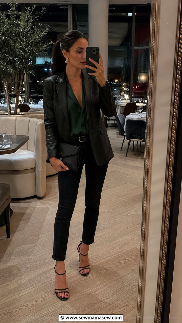 Leather Blazer with Black Jeans and Strappy Heels - 25 Black jeans outfit ideas with a blazer