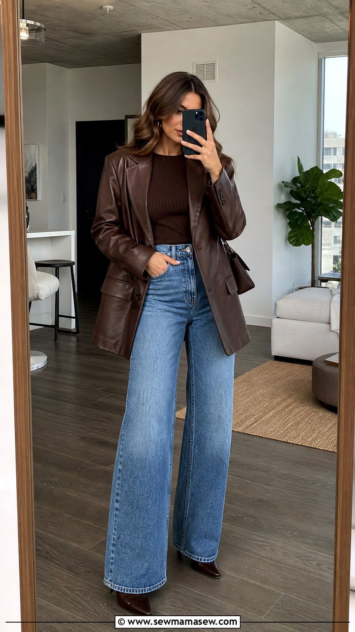 Leather Blazer with Ribbed Top and Wide Leg Jeans - 40 jacket outfits for women