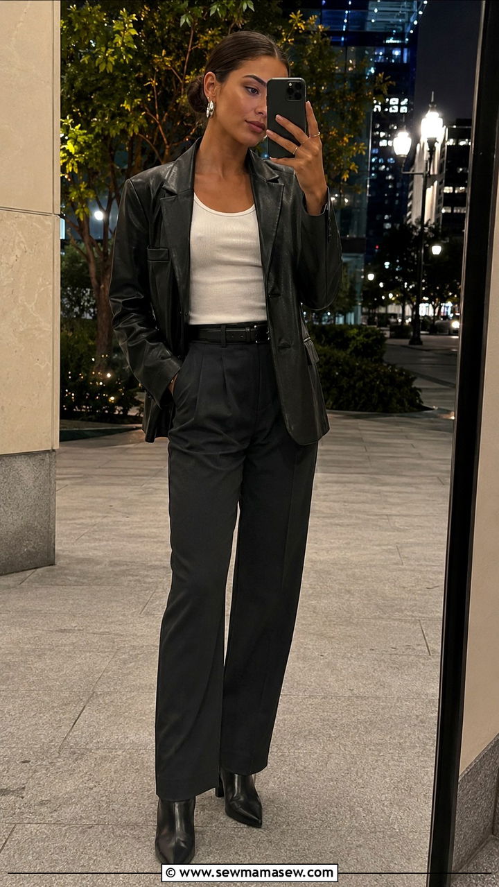 Leather Blazer with Tank and Tailored Trousers - 30 spring to summer outfits 2026