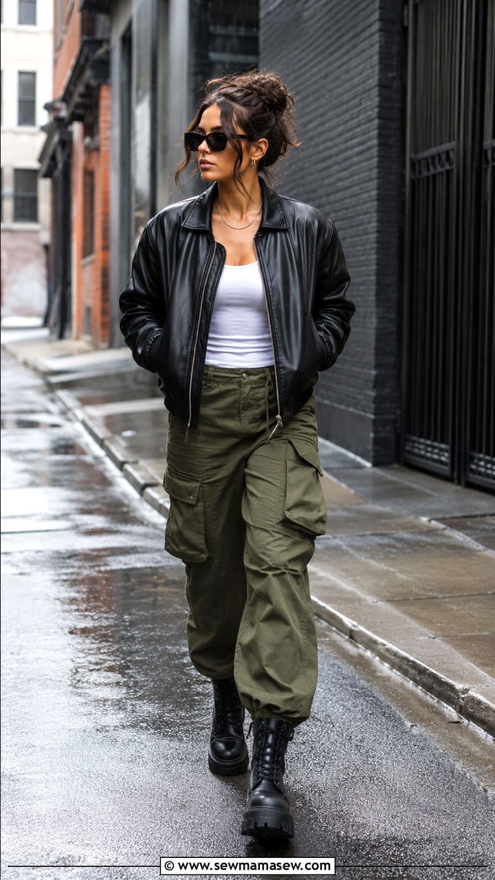 Leather Bomber Jacket With Cargo Pants And Lug Boots - 25 rainy day outfits Pinterest