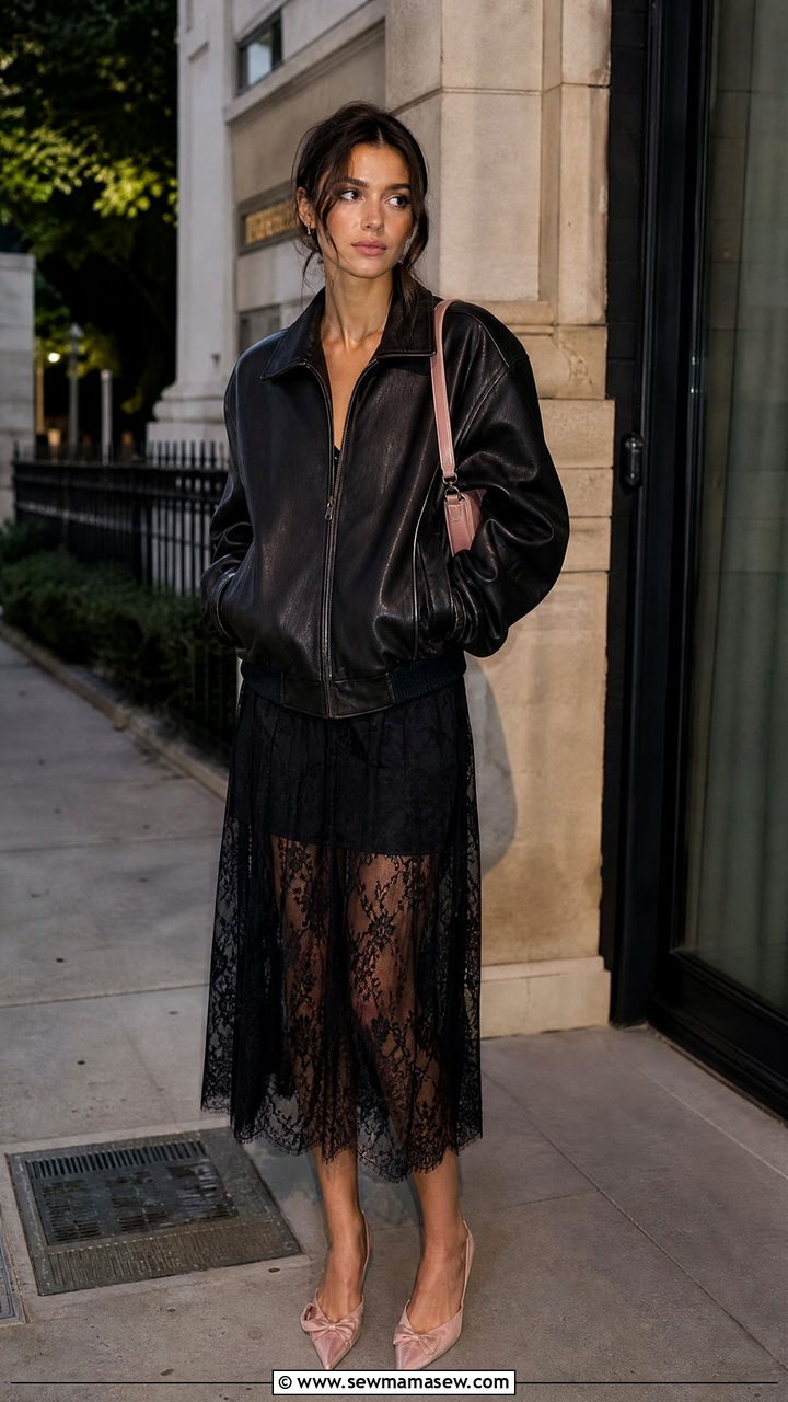 Leather Bomber Jacket With Lace Skirt Outfit - 30 Spring outfits for teen girls