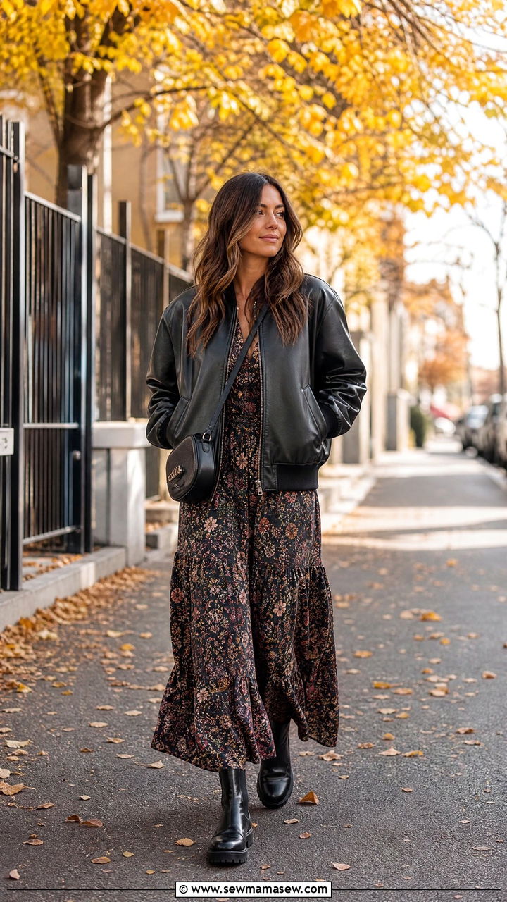 Leather Bomber Jacket With Maxi Dress Outfit - 30 classy transitional outfits