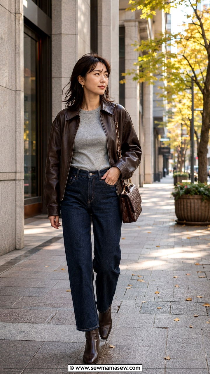 Leather Bomber Jacket With Raw Denim and Mid Calf Boots - 30 Tokyo outfit ideas