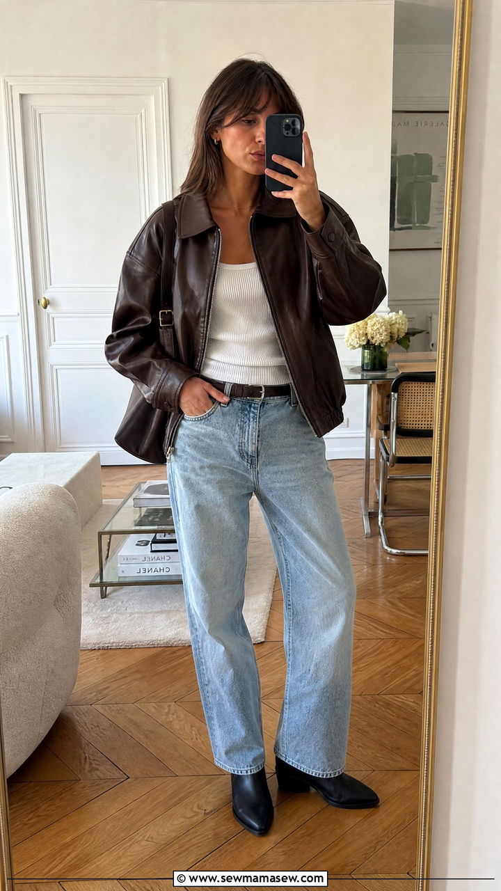 Leather Bomber Jacket With Relaxed Jeans and Ankle Boots - 30 French girl outfits 2026