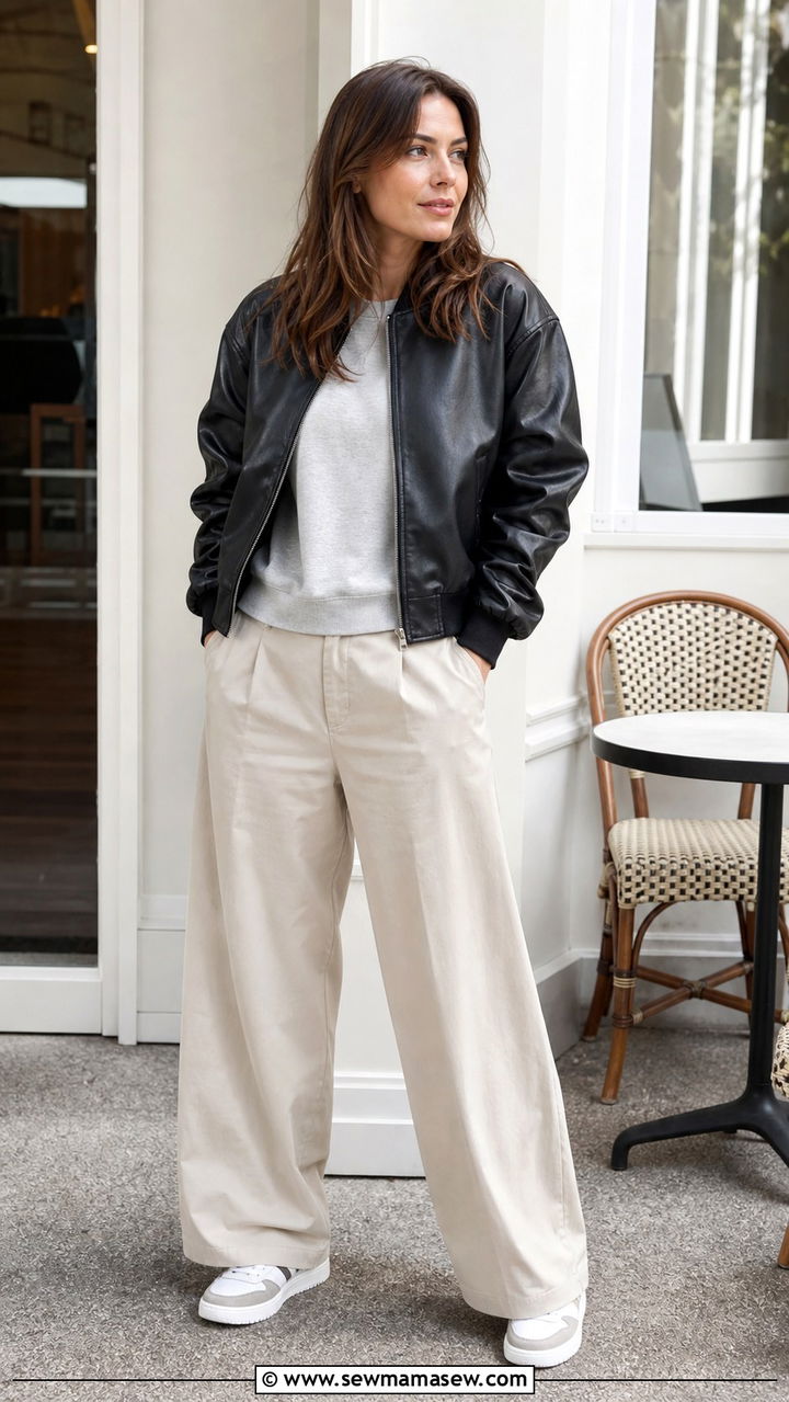 Leather Bomber Jacket With Sweatshirt And Wide Leg Pants - 40 casual leather jacket outfits