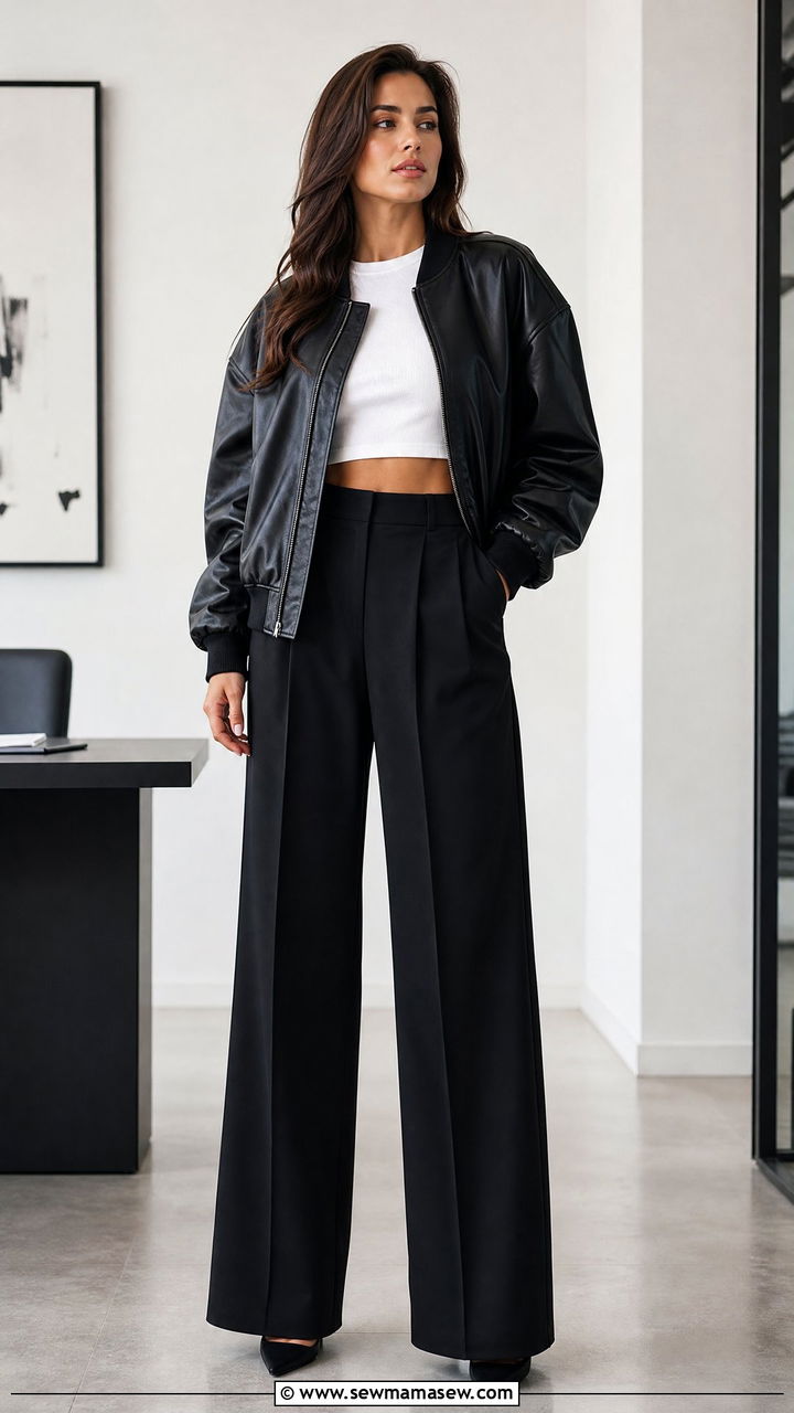 Leather Bomber Jacket With Wide Leg Trousers - 25 chic bomber jacket outfit ideas