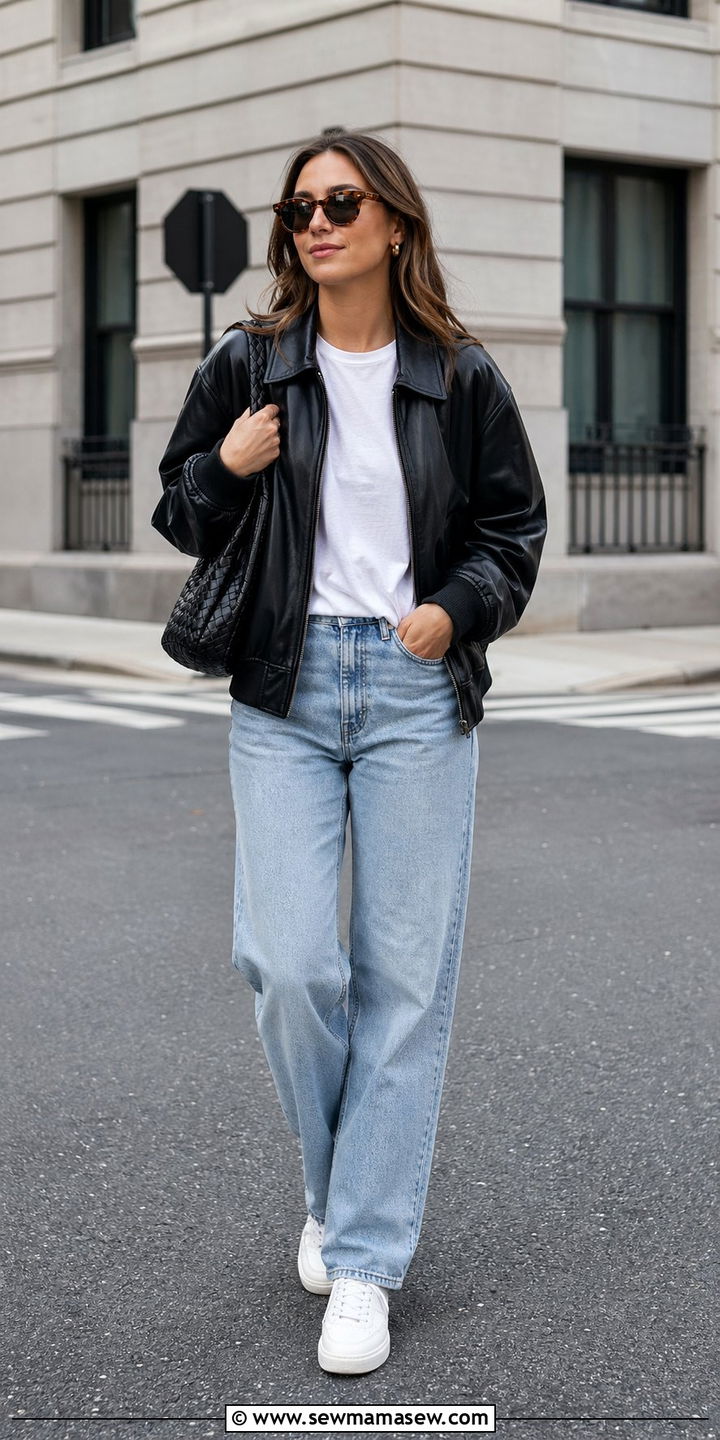 Leather Bomber Jacket and Light Wash Straight Leg Jeans - 35 April outfits for women