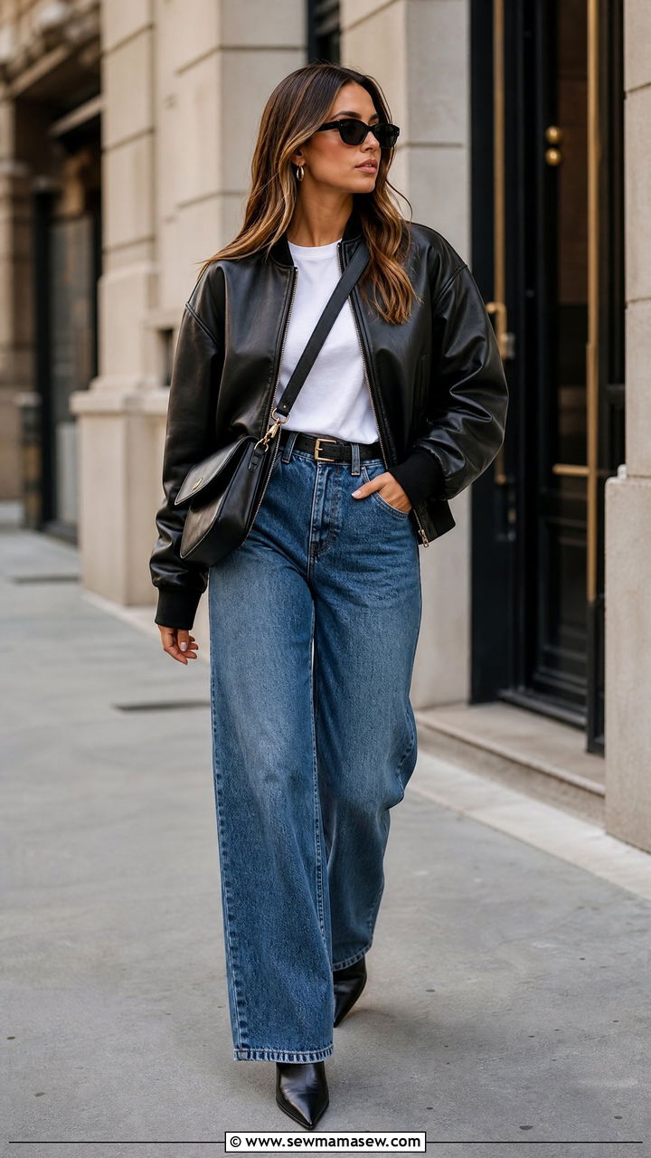 Leather Bomber Jacket and Wide Leg Jeans - 35 jacket outfits ideas