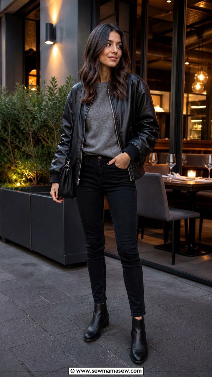 Leather Bomber Jacket with Black Jeans - 40 casual bomber jacket outfits
