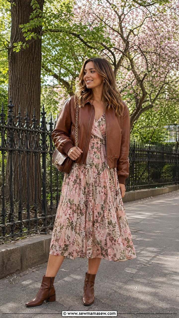 Leather Bomber Jacket with Floral Dress Outfit - 35 Elegant spring outfits