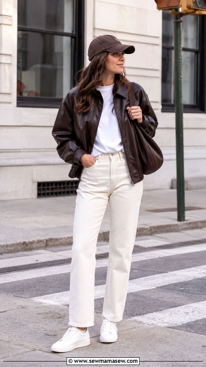 Leather Bomber Jacket with Ivory Jeans and Sneakers - 30 Spring outfits with jeans