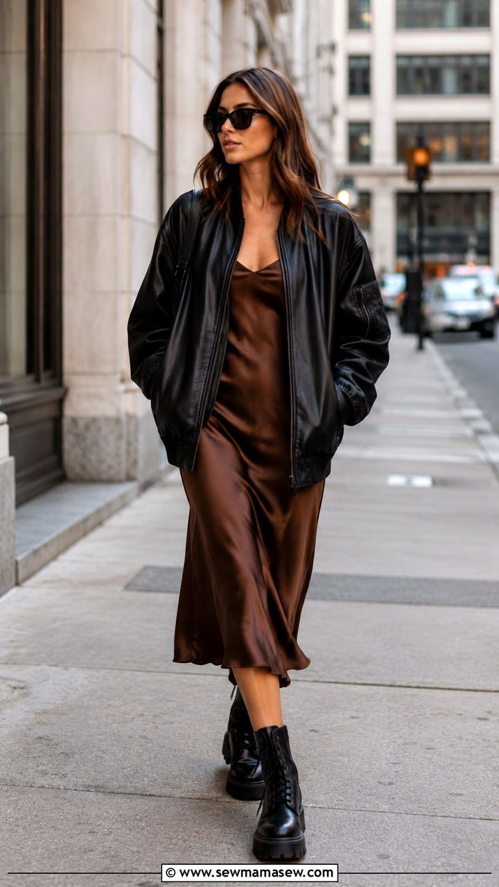 Leather Bomber Jacket with Slip Dress and Combat Boots - 30 transitional street style outfits