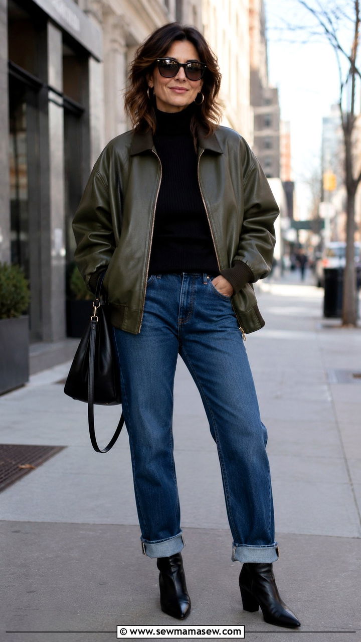 Leather Bomber Jacket with Straight Leg Jeans - 30 leather jacket outfits for women over 40