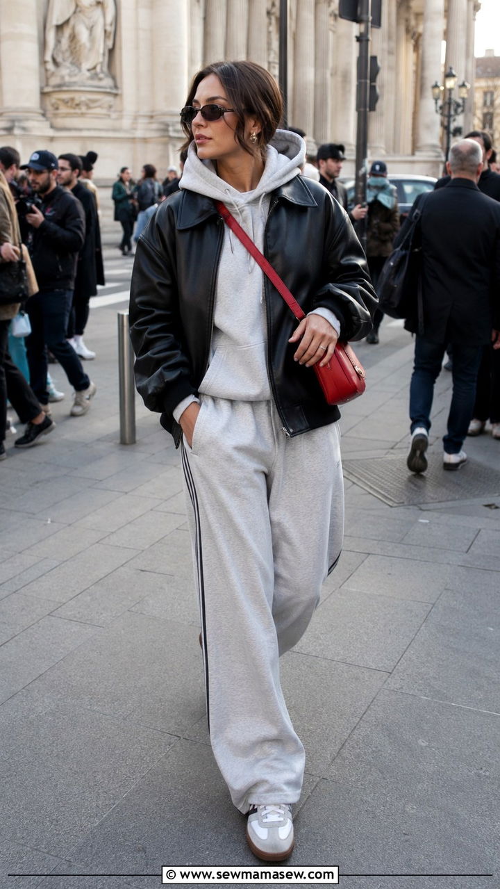Leather Bomber Jacket with Track Pants and Retro Sneakers - 30 Parisian street style outfit ideas