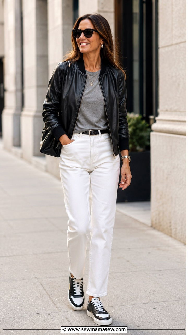 Leather Bomber Jacket with White Jeans and Two Tone Sneakers - 30 Outfit ideas for women over 40 sporty chic