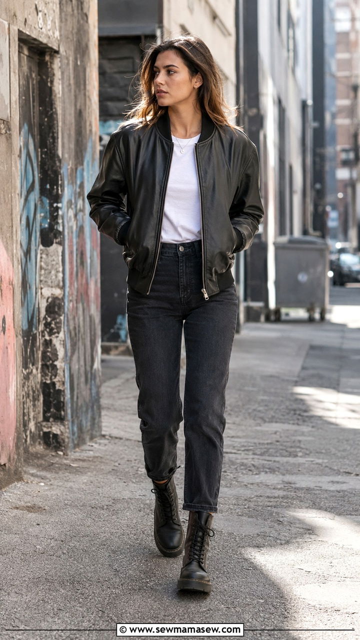 Leather Bomber With White Tee Dark Denim and Combat Boots - 30 transitional outfits aesthetic