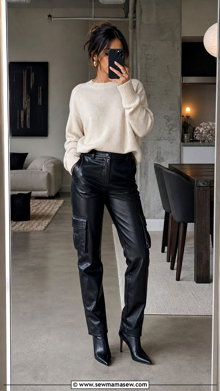 Leather Cargo Pants With Cashmere Sweater And Ankle Boots - 20 cargo pants outfits 2026