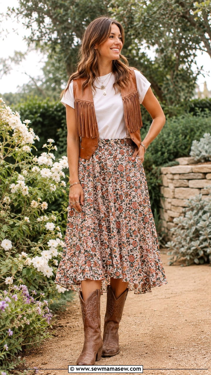 Leather Fringe Vest With Floral Midi Skirt - 20 Punchy outfit ideas western