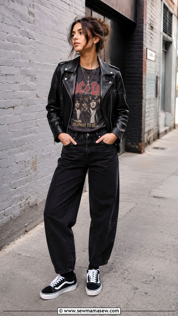 Leather Jacket And Black Barrel Jeans With White Sneakers - 25 Barrel jeans outfit ideas with white sneakers