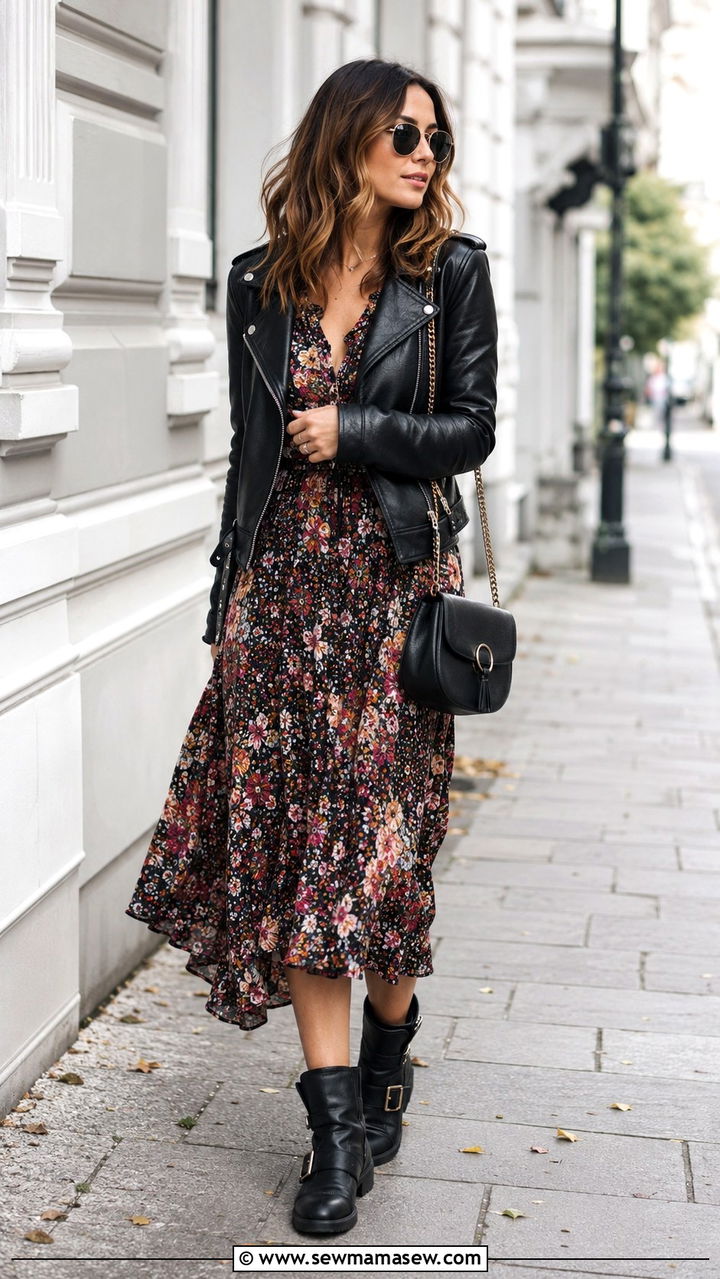 Leather Jacket And Dress With Biker Boots - 30 Spring outfits with boots