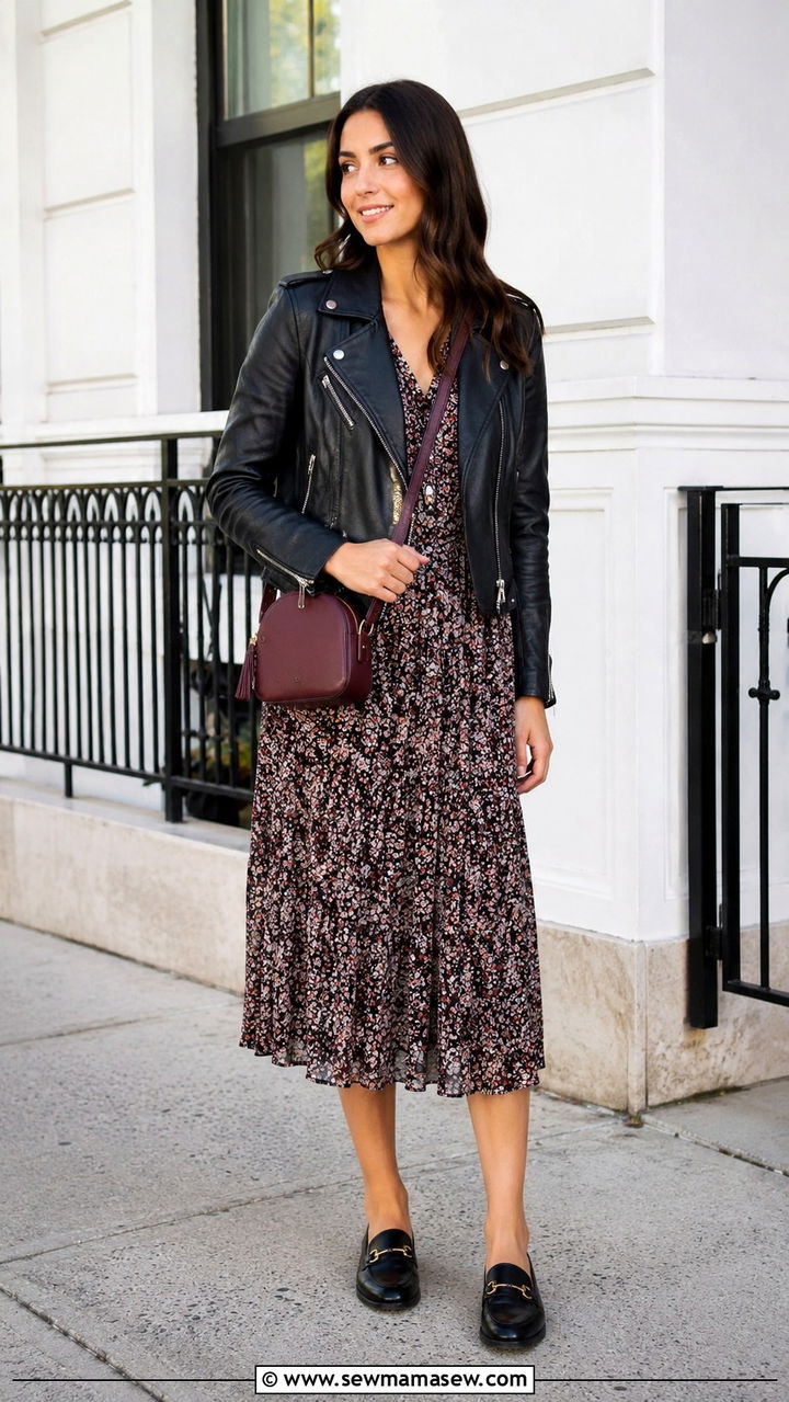 Leather Jacket And Floral Dress Brunch Look - 30 brunch outfits inspo