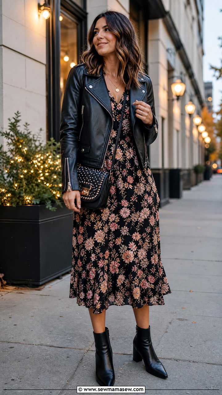 Leather Jacket And Floral Dress Outfit For Women In Their 30s - 25 How to dress in your 30s