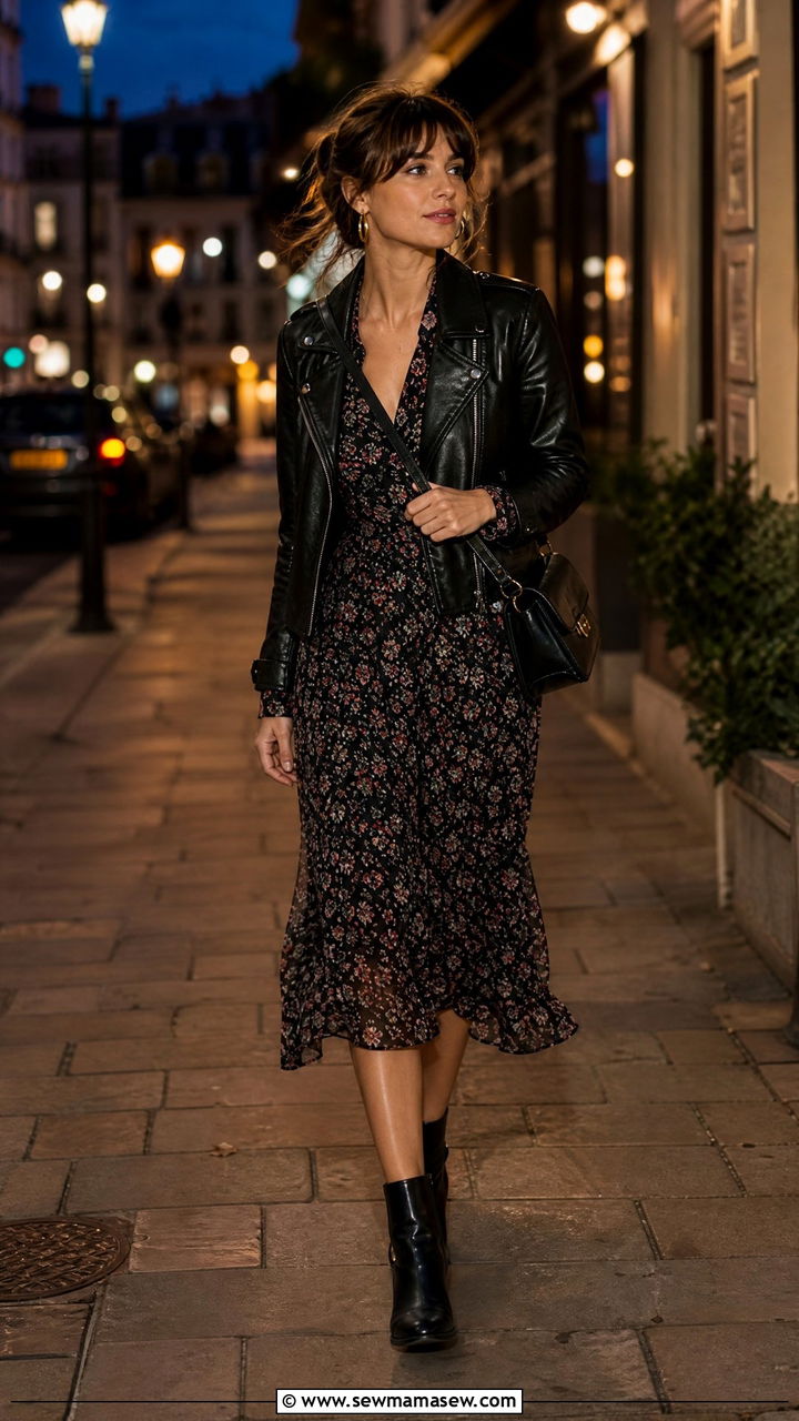 Leather Jacket And Floral Dress With Gold Hoops - 25 French girl outfit ideas with gold hoops