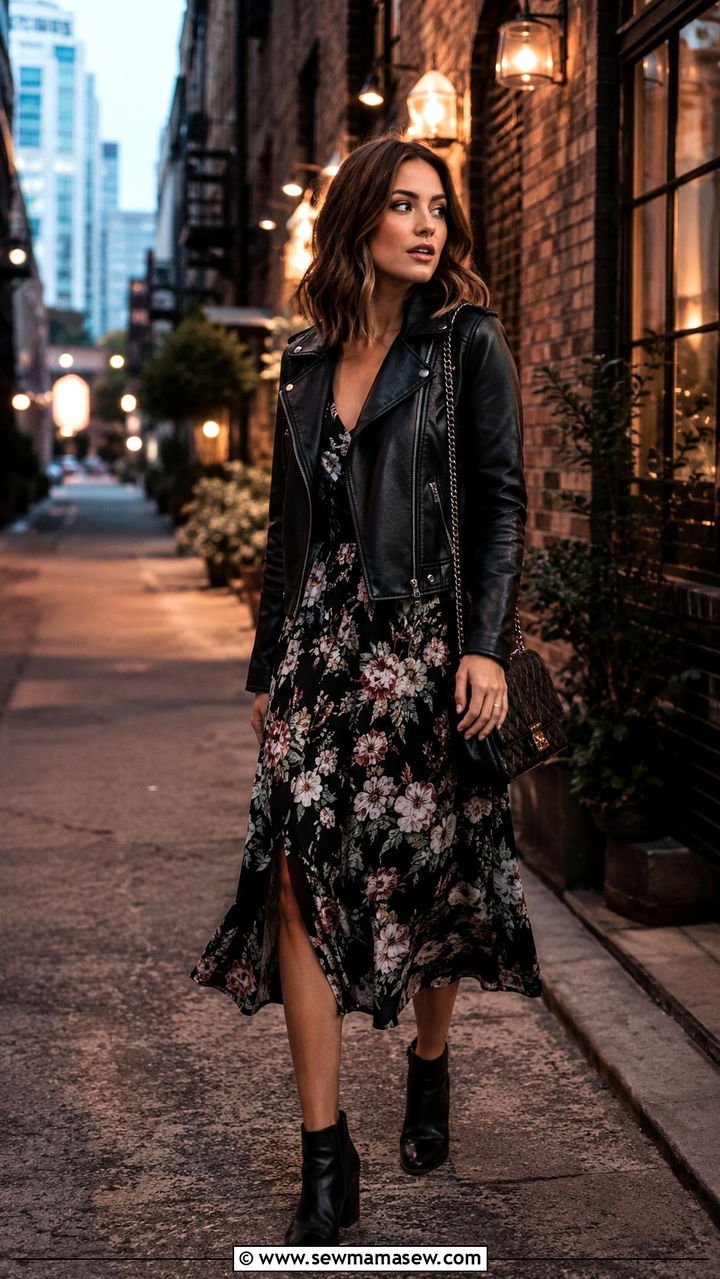 Leather Jacket And Floral Midi Dress Edgy Look - 25 Mid March outfit ideas