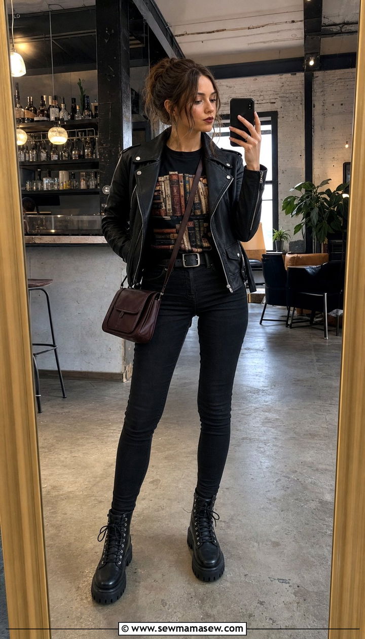 Leather Jacket And Graphic Tee Book Club Outfit - 35 Book club outfit ideas