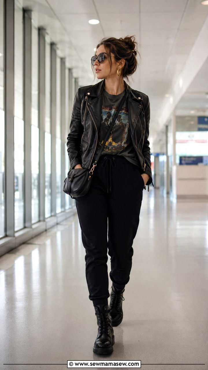 Leather Jacket And Joggers Travel Outfit - 25 Airport outfit ideas with joggers