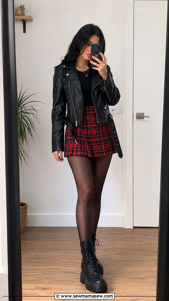 Leather Jacket And Plaid Mini Skirt Outfit - 25 Punk outfit ideas