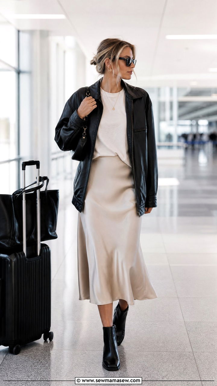 Leather Jacket And Satin Midi Skirt Travel Outfit - 30 Europe airport outfit ideas