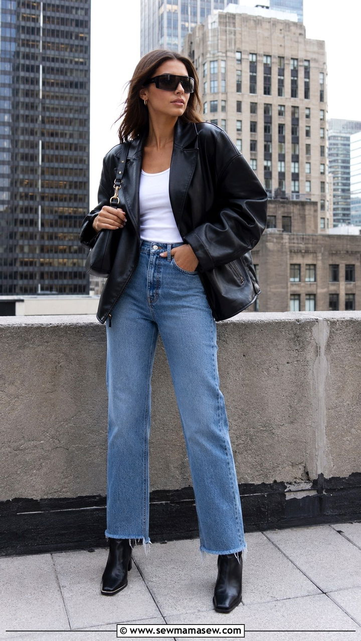 Leather Jacket And Straight Leg Jeans With Oversized Sunglasses - 20 spring outfits with oversize sunglasses